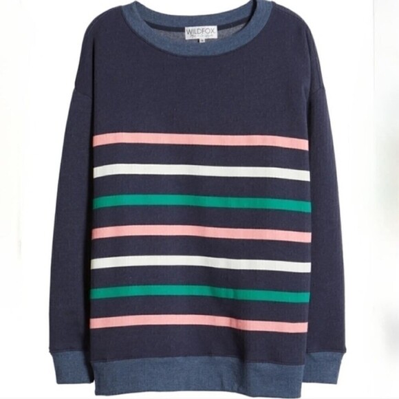 WILDFOX Blue Multicolor Stripe Roadtrip Oversized Crewneck Sweatshirt Size Small - Picture 1 of 7
